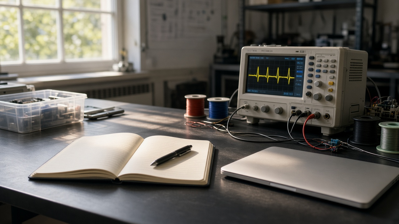 University engineering lab bench with open paper notebook, closed laptop, oscilloscope and coiled test leads under afternoon window light, handwritten pages without readable text, no logos.