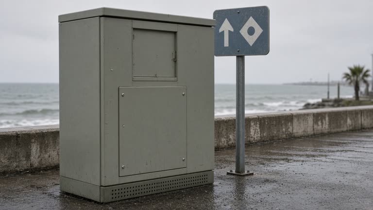 Street-side telecom cabinet near a coastal evacuation route sign, overcast afternoon light, wet pavement and low concrete seawall in background, no logos or readable text