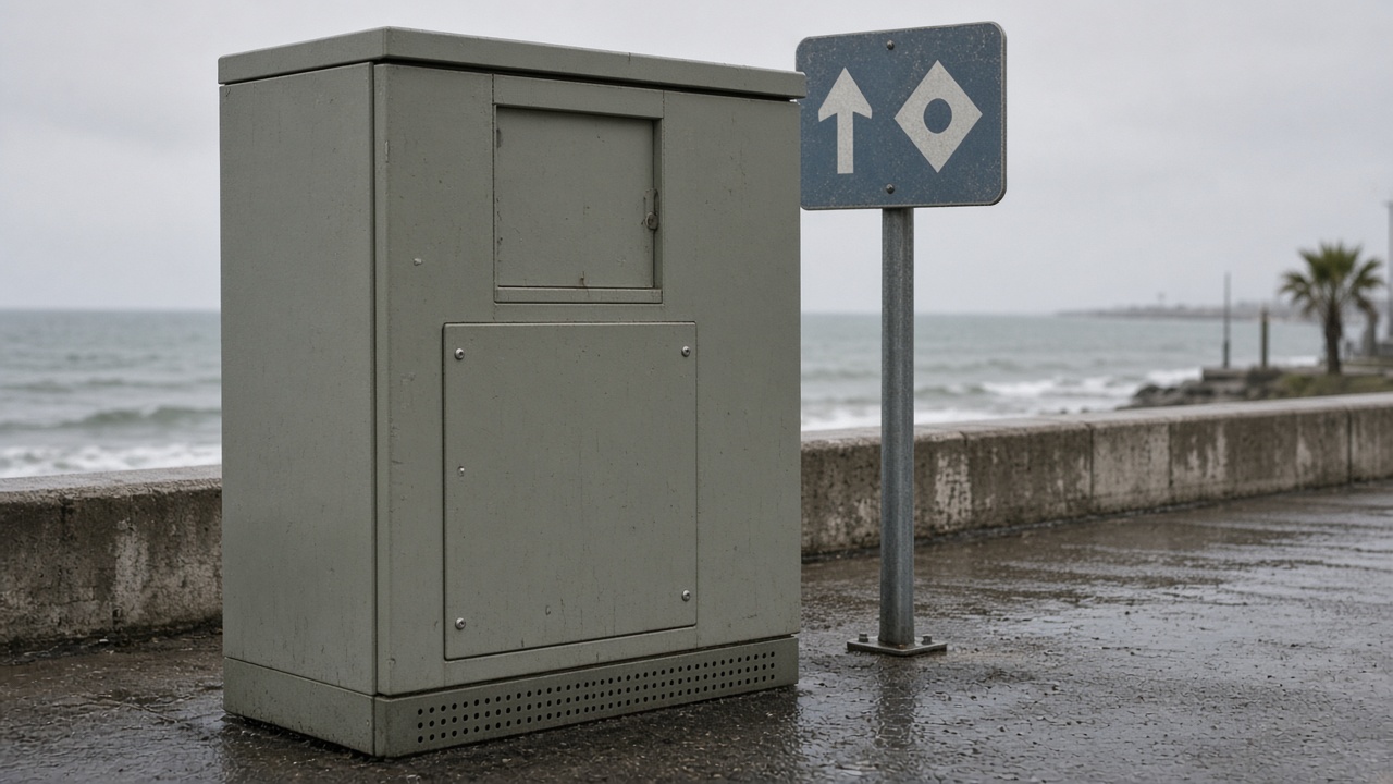 Street-side telecom cabinet near a coastal evacuation route sign, overcast afternoon light, wet pavement and low concrete seawall in background, no logos or readable text