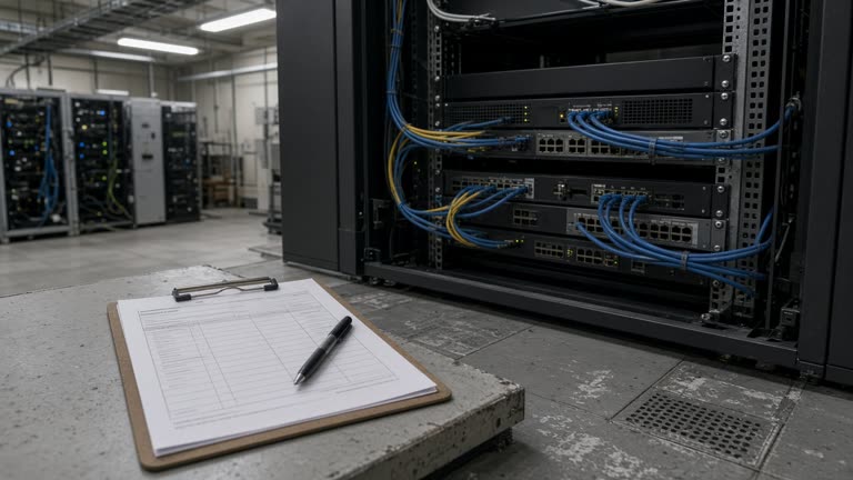 Municipal IT server room with rack-mounted firewall appliance and cable bundles, printed Exchange migration checklist on a clipboard, cool fluorescent lighting, scuffed raised floor tiles, no logos or readable text