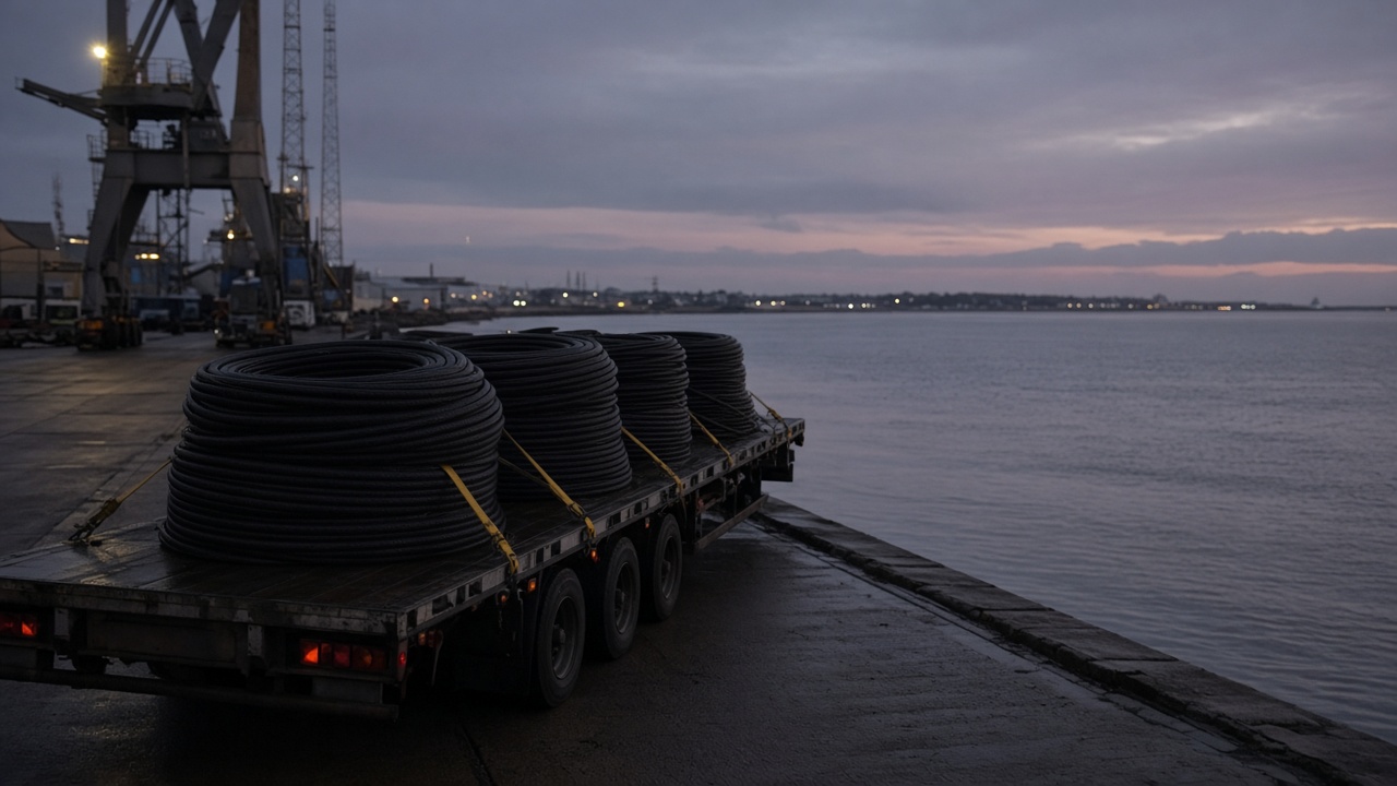 Industrial port quay on the Humber estuary at dusk with coiled heavy marine cable on a flatbed and calm water, no logos or readable text