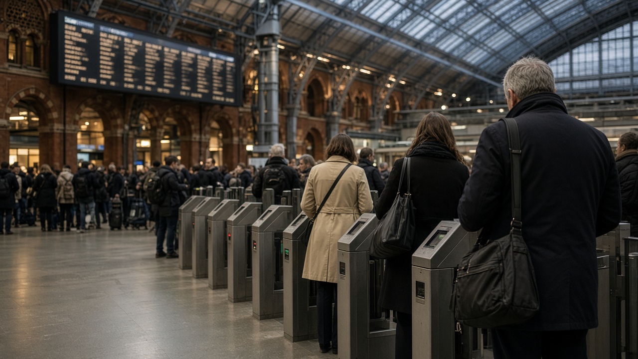 St Pancras International station concourse in London with passengers queuing beside Eurostar platform gates, brick arches and steel roof trusses, a blurred departure board in the background, evening light through the roof, no logos or readable text