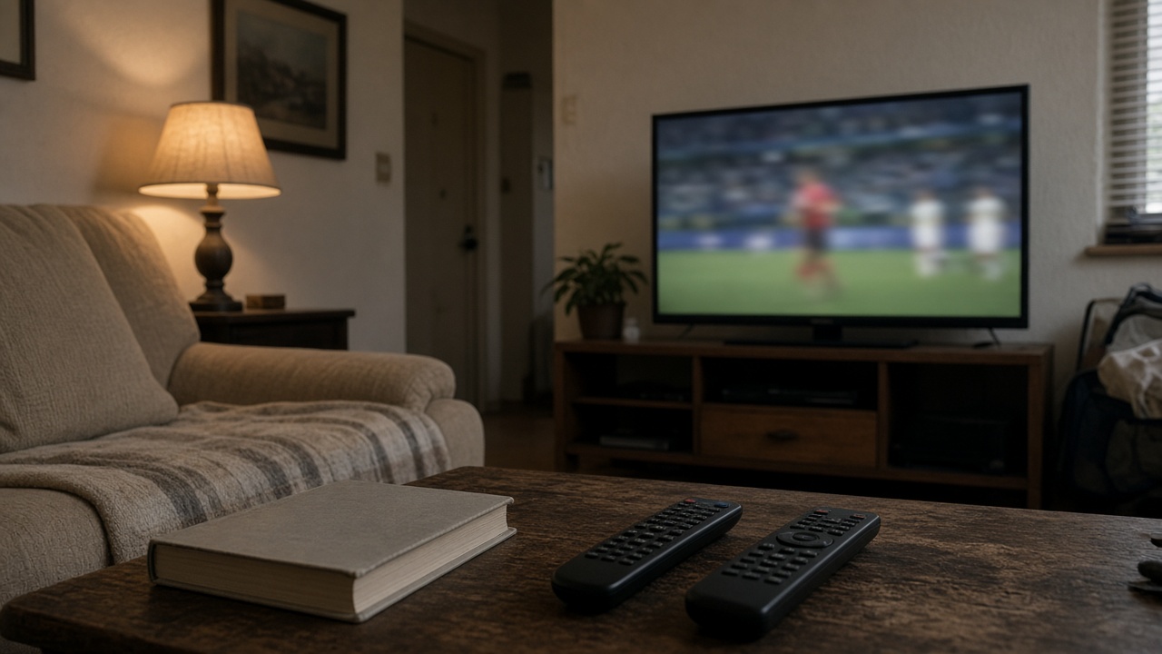 Living room television showing blurred sports action with streaming remotes on a coffee table, warm lamp light, Australian suburban interior, no readable text or logos