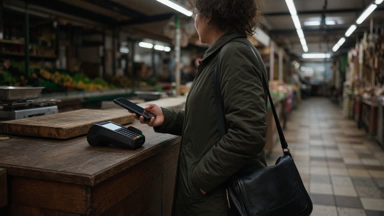 Indoor covered market aisle with card terminal on a wooden counter, shopper holding a phone near the reader, fluorescent strip lighting, worn floor tiles, shallow depth, no logos or readable text