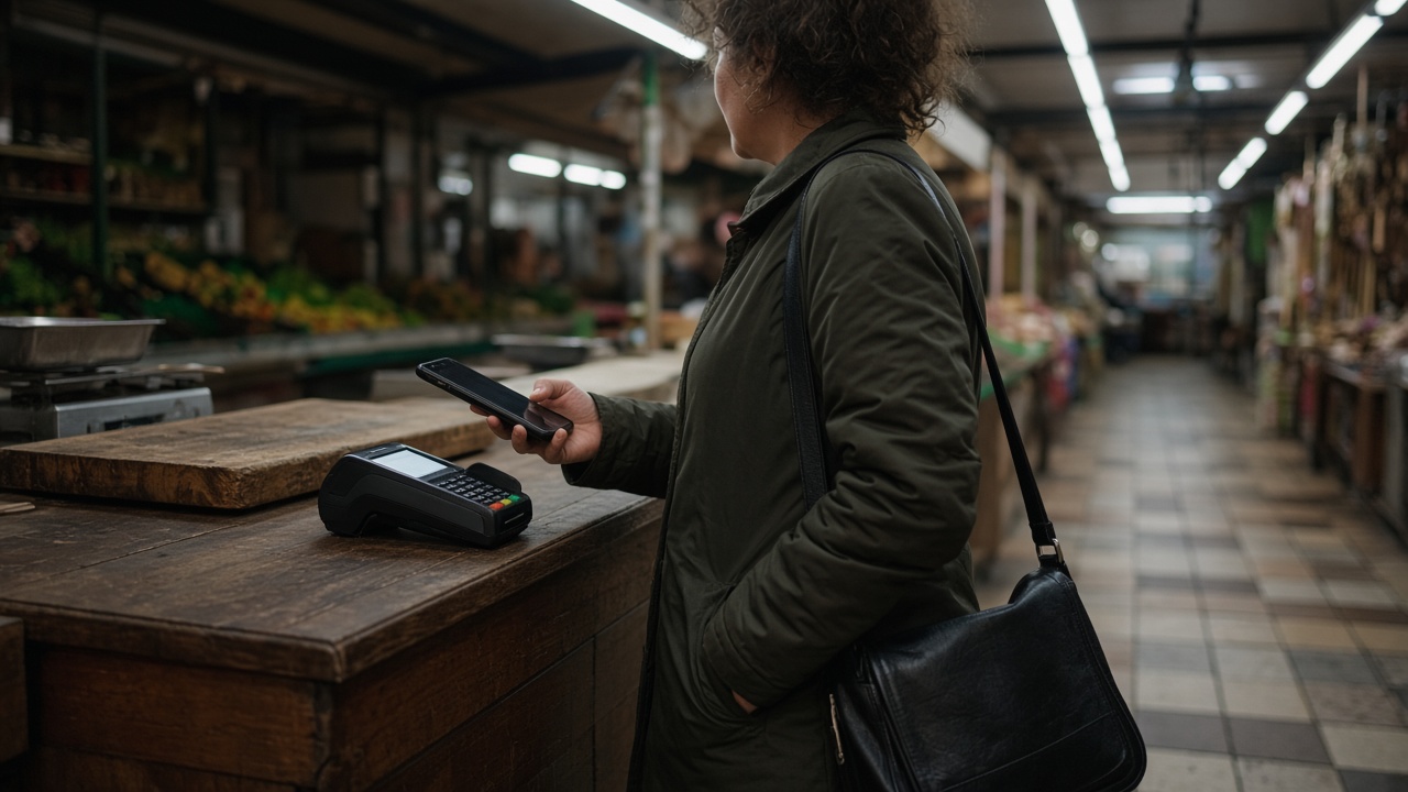 Indoor covered market aisle with card terminal on a wooden counter, shopper holding a phone near the reader, fluorescent strip lighting, worn floor tiles, shallow depth, no logos or readable text