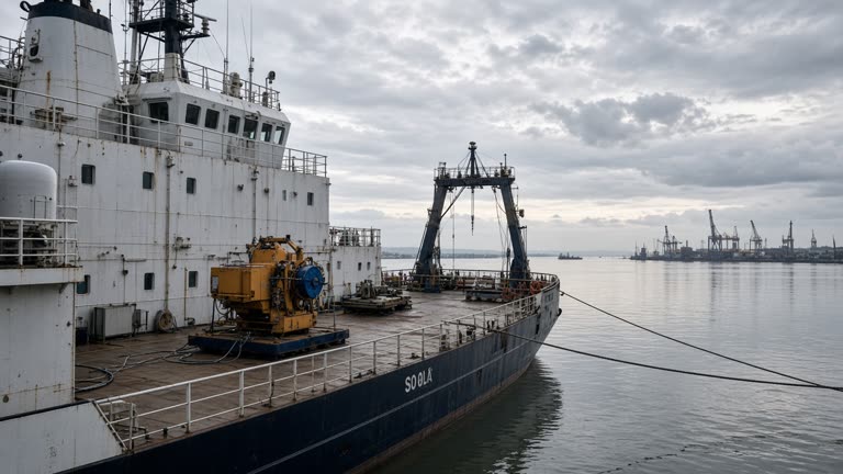 Offshore survey ship moored at Darwin port at dawn with multibeam equipment on deck, calm harbour water, industrial cranes distant, no readable vessel names or logos