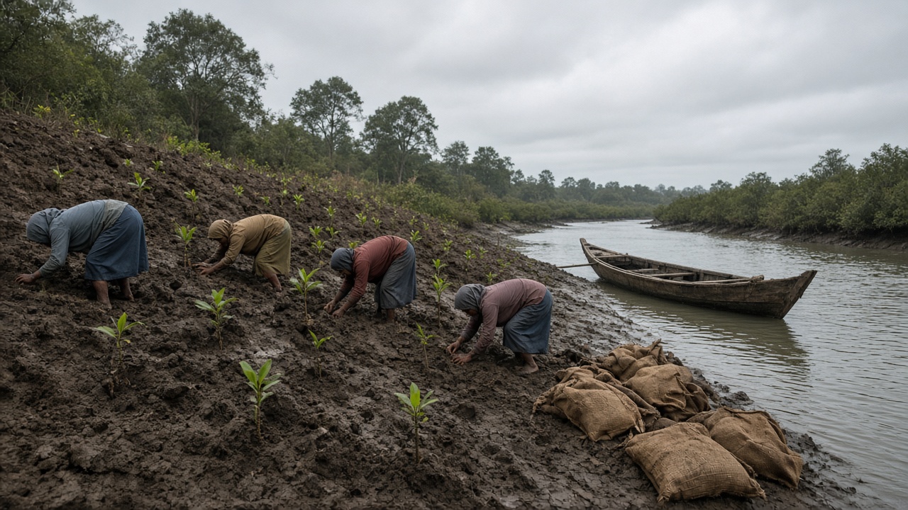 Mud embankment in the Sundarbans with villagers planting small mangrove sprouts, tidal creek and grey sky, coir bags and wooden boat nearby, no logos or readable text