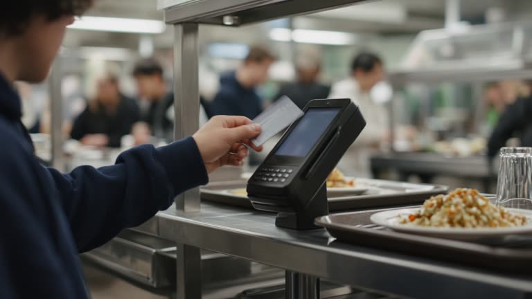 Student tapping a contactless card at a cafeteria payment terminal with trays and steel railings, soft indoor fluorescent light, card and screen details blurred, no logos or readable text