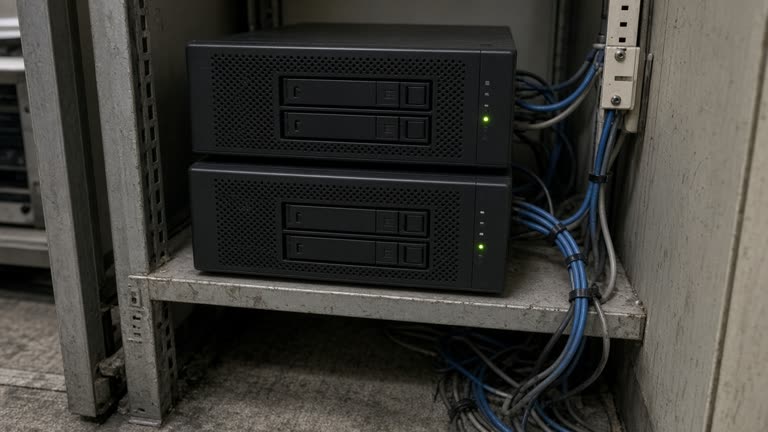 Two-bay network storage appliances stacked in a Taiwan office equipment closet with ethernet cables and a blinking status LED under fluorescent light, worn carpet and cable ties, no logos or readable text