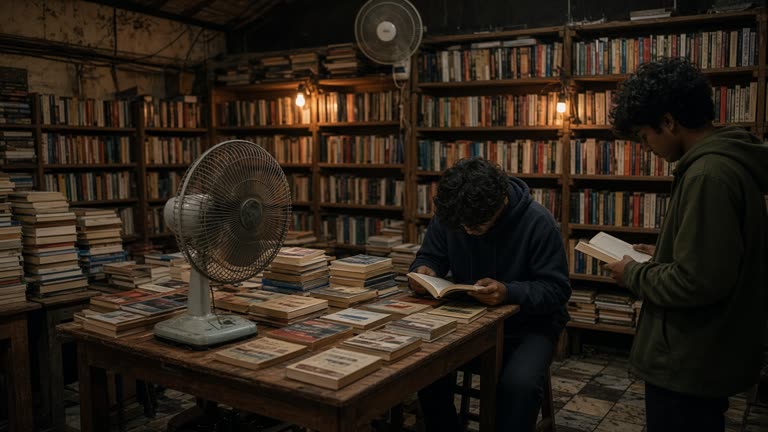 Students reading at a small second-hand bookstore table under a humming electric fan with tall stacks of paperback novels on wooden shelves, warm tungsten bulbs and worn floor tiles, no logos or readable text