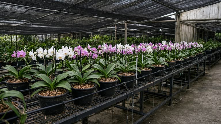 Rows of orchids under shade cloth in a southern Taiwan greenhouse with soil sensor probes and irrigation lines, humid overcast daylight, no logos or readable text