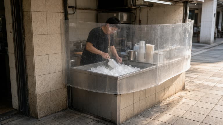 Taipei sidewalk bubble tea counter with staff scooping ice from a stainless bin behind fogged plastic shield, afternoon sun on tiled shop front, no logos or readable text