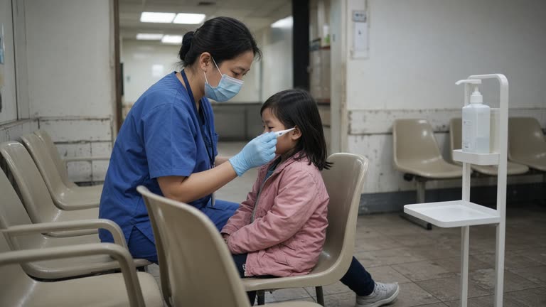 Taipei neighborhood clinic waiting area with a nurse in mask taking a child’s temperature beside plastic chairs and a hand-sanitizer stand, fluorescent lighting, worn tile floor, no logos or readable text