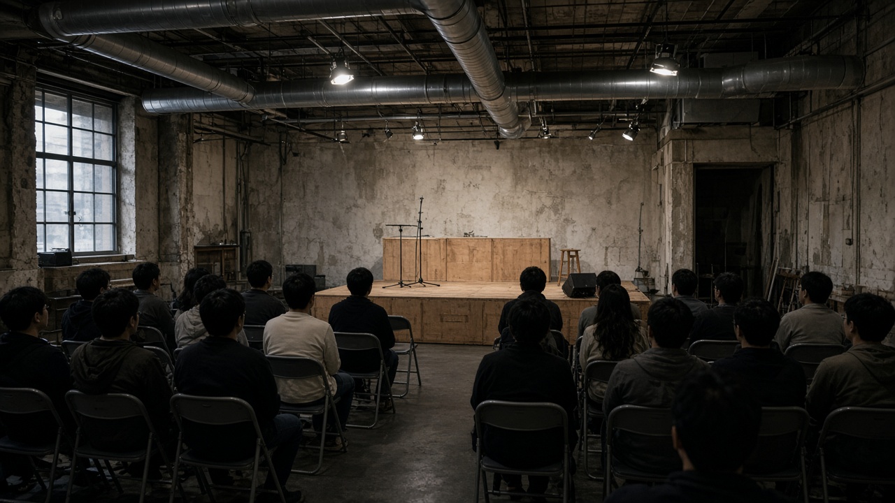 Converted Taipei warehouse interior with folding chairs facing a small plywood stage, exposed ceiling ducts, work lights on dimmers, audience silhouettes, no logos or readable text