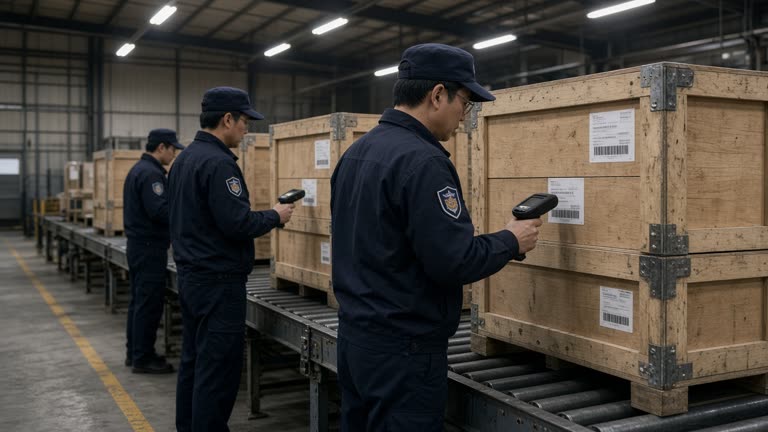 Customs officers inspecting labeled spare-parts crates on rollers inside a Taiwan port warehouse with handheld scanners and overhead strip lighting, no logos or readable text