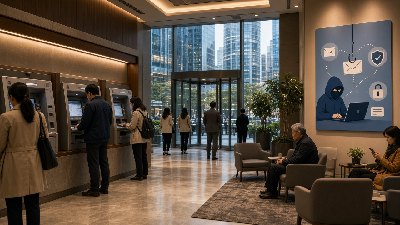 Customers at bank ATMs beneath a security awareness poster in a Taipei financial district lobby