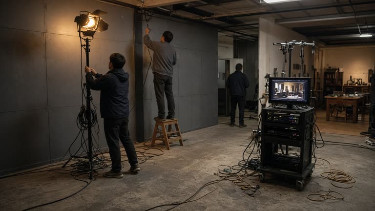 Taiwan drama crew adjusting lights on a modest interior soundstage with a subtitle timing monitor on a cart, warm tungsten work lights and cable runs on scuffed floor, no logos or readable text