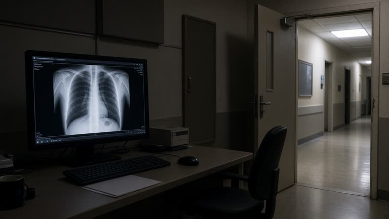 Dim radiology reading room with a chest X-ray on a diagnostic monitor and empty swivel chair, beige hospital corridor visible through half-open door, cool fluorescent light, no logos or readable text.