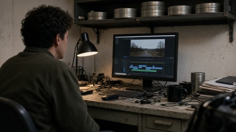 Independent documentary editor at a modest post-production desk with a director reference monitor and metal film cans on a shelf, warm desk lamp and cable clutter, no logos or readable text