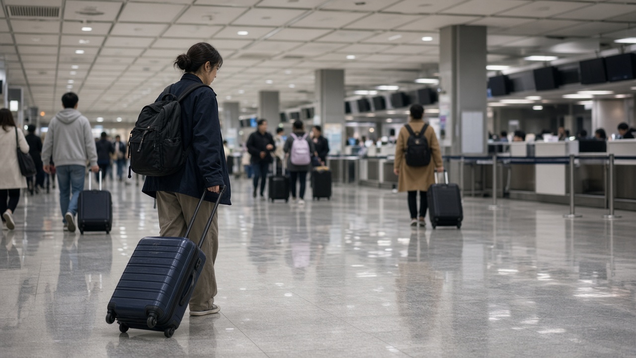 Taoyuan airport departure hall with passengers rolling suitcases under cool white ceiling panels, floor reflections and airline counters blurred in the background, no readable signage or logos