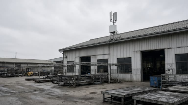 Small cell antenna mounted on a factory roof above a Taichung tooling plant yard with CNC workshops and overcast morning light, scuffed concrete and cable trays, no logos or readable text