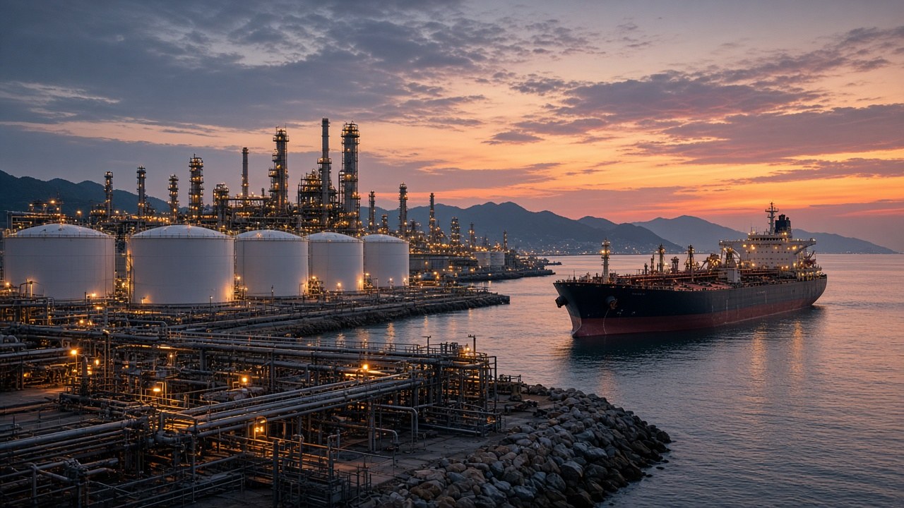 Editorial illustration of oil storage tanks and pipeline manifolds at a coastal refinery at dusk, with cargo ships on the horizon and no visible logos or text.