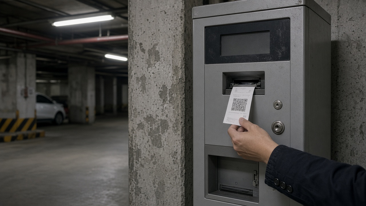 Underground parking payment kiosk in Taoyuan with a printed QR receipt in a driver's hand and concrete pillars in background, fluorescent garage lighting, no logos or readable text