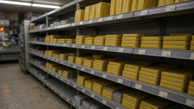 Grocery store baking aisle with yellow stick packages on metal shelves, fluorescent overhead light, worn linoleum, empty price tag holders turned backward, no logos or readable text