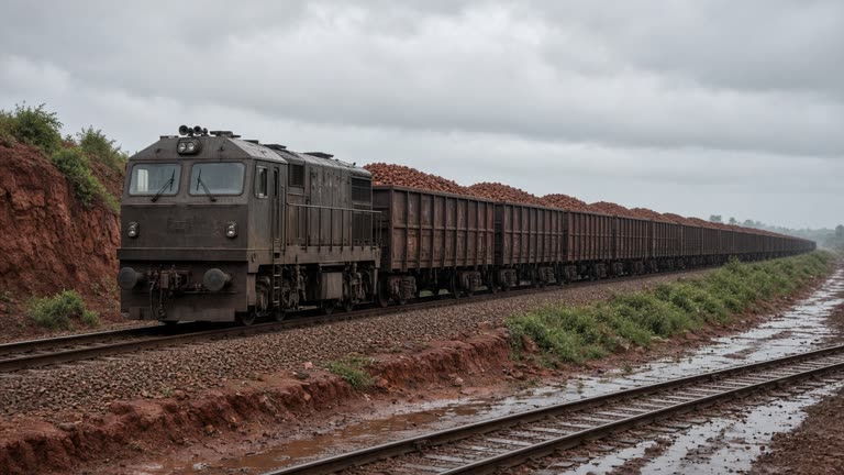 Diesel locomotive pulling open freight wagons loaded with iron-ore pellets on a wet rail siding in Odisha, overcast monsoon sky, rusted rails and red laterite embankment, no logos or readable text