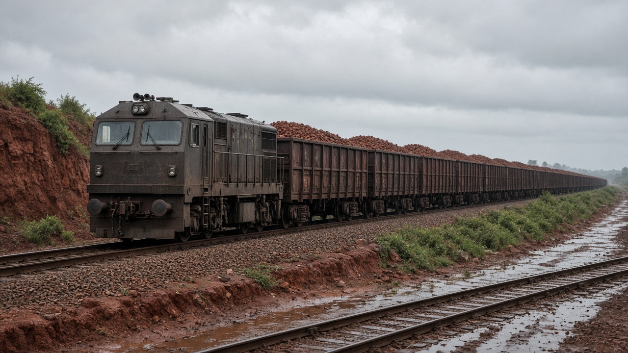 Diesel locomotive pulling open freight wagons loaded with iron-ore pellets on a wet rail siding in Odisha, overcast monsoon sky, rusted rails and red laterite embankment, no logos or readable text