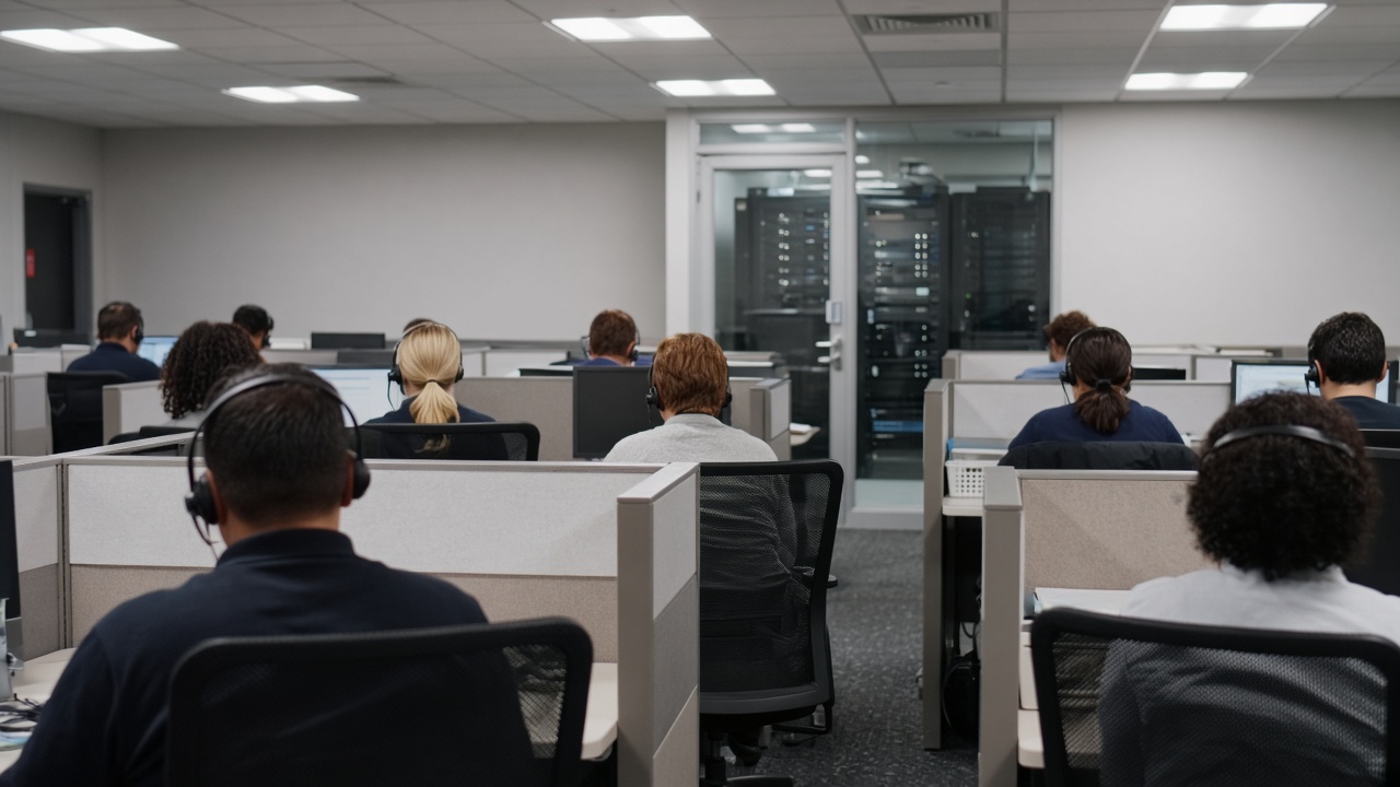 Government contact centre floor with agents at cubicles wearing headsets, server glass door visible in background, flat overhead lighting, faces turned away, no readable screens or logos