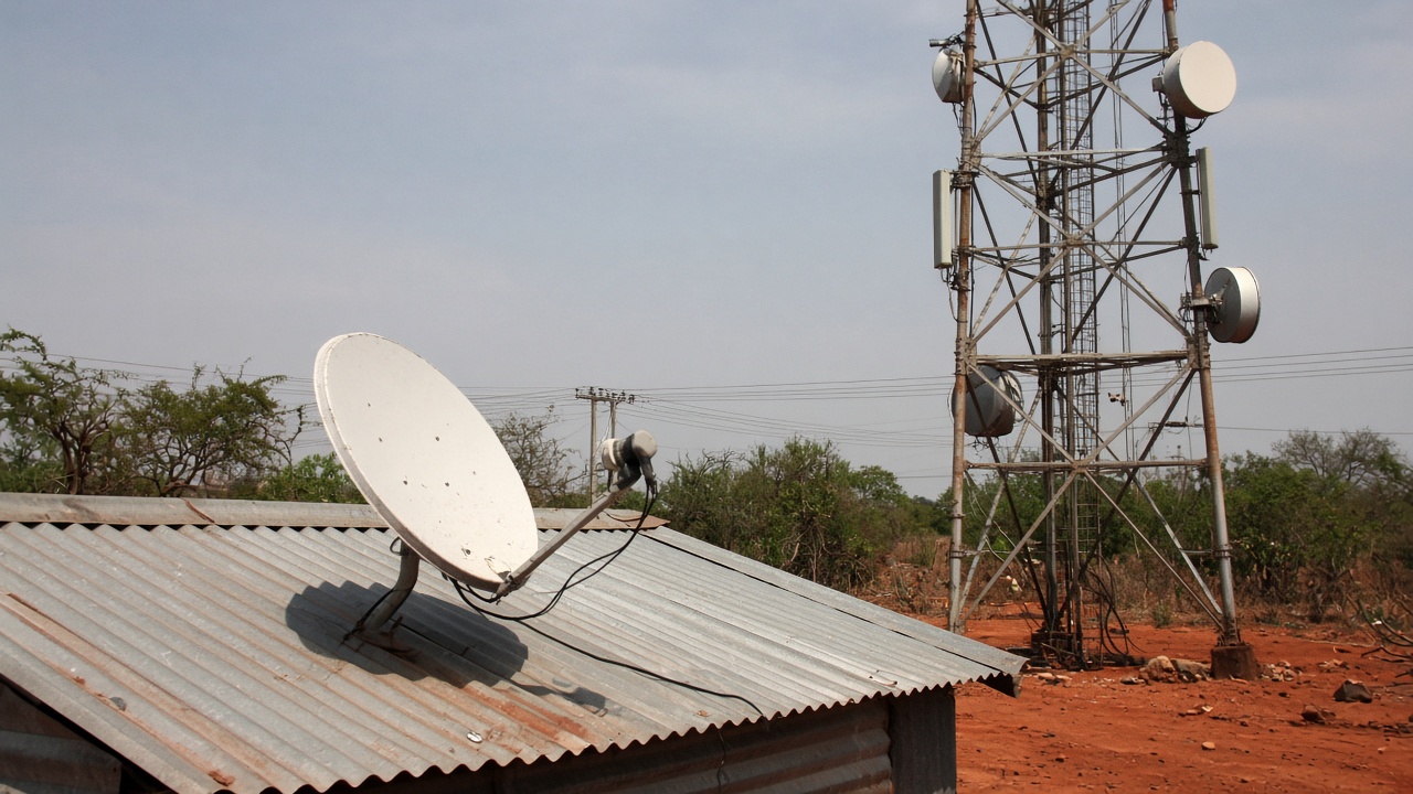 White satellite dish on a corrugated shed roof beside a steel mobile tower on red dirt under harsh midday sun, power cables and scrub in background, no logos or readable text