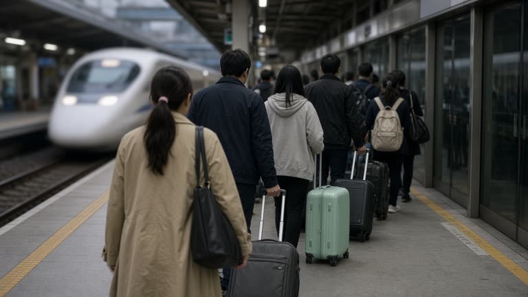 Passengers queuing at a Taiwan high-speed rail platform gate with rolling luggage on a Sunday evening under cool station lighting, concrete platform edge and train nose blurred in background, no logos or readable text