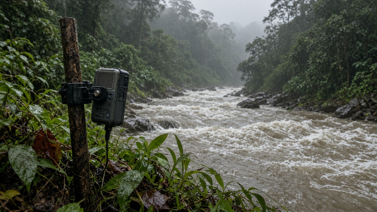Small audio recorder clamped to a stake beside a monsoon-swollen forest stream on a misty Western Ghats slope, wet leaves and grey sky, no readable labels on equipment