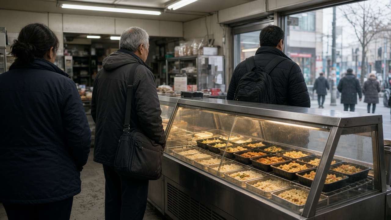 Convenience store hot food case with packaged rice boxes and a short customer line at midday, fluorescent light, urban sidewalk through glass, no logos or readable text.