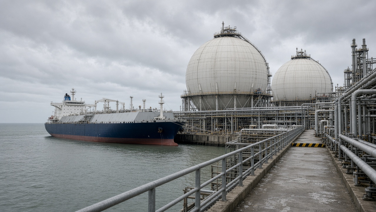 LNG terminal storage spheres and piping at a coastal import facility under overcast sky, damp concrete jetty and safety railings, distant tanker hull without readable markings or logos