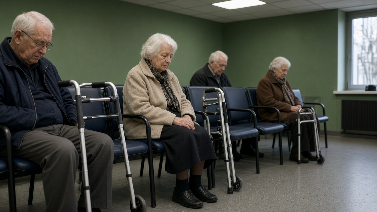 Elderly patients seated in a hospital neurology waiting area with muted green walls and fluorescent lighting, walkers folded beside chairs, no logos or readable text.
