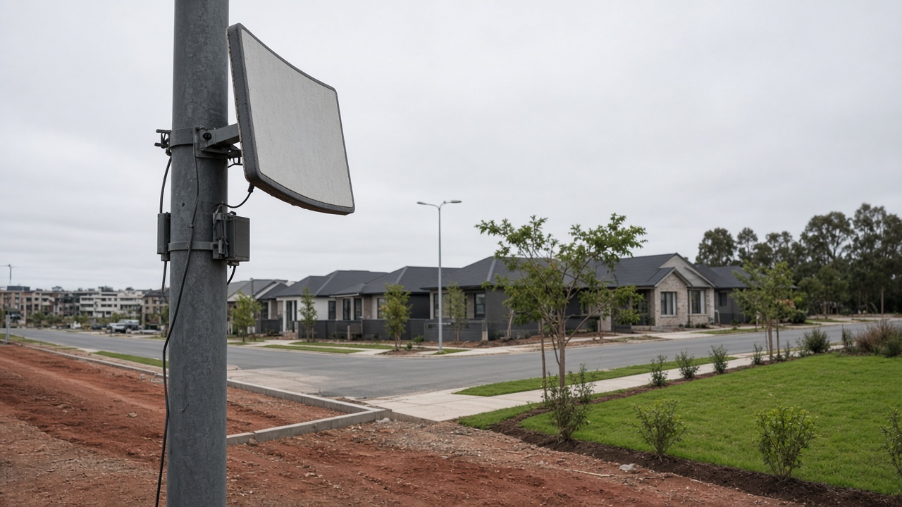 Fixed-wireless sector antenna on a steel pole beside a new Perth suburban streetscape under hazy afternoon light, red dirt verge, no logos or readable text