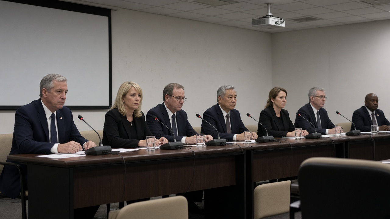 Telecom regulators and industry representatives seated at a long conference table with microphones and water glasses, neutral walls and ceiling projectors, no logos or readable text on slides