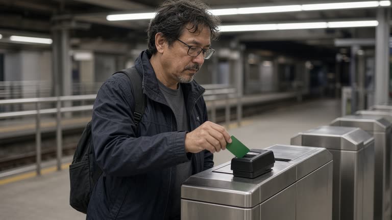 Passenger tapping a green transit smartcard at a Brisbane station fare gate, fluorescent platform lighting, concrete floor and steel rails blurred behind, no readable text on screens or cards