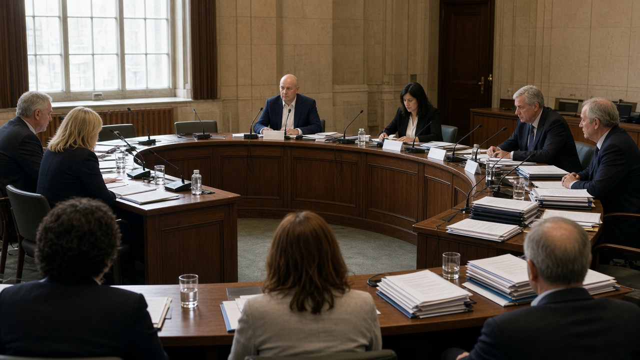 UK parliamentary committee hearing room with microphones on a curved wooden table and stacked briefing folders, daylight from tall windows, no logos or readable text