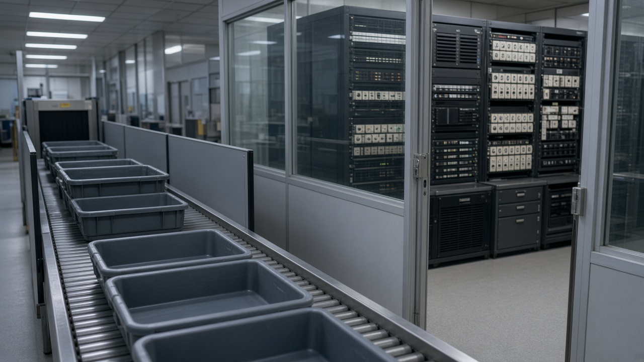 Airport security checkpoint lane with empty gray tubs on a stainless table, backup tape library visible through a glass-walled IT closet, cool fluorescent light, no logos or readable text