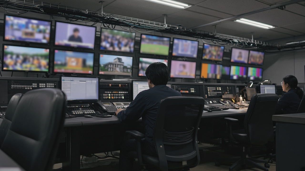 Television network master control with rows of dim monitors showing blurred colorful footage, swivel chairs and cable trays under cool fluorescent office light, no logos or readable text on screens.