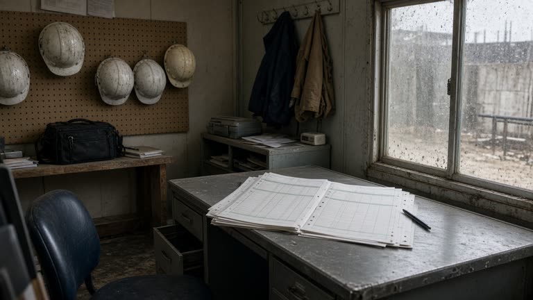 Construction site office trailer interior with hard hats on a pegboard, payroll printouts on a metal desk, dusty window light, no logos or readable text