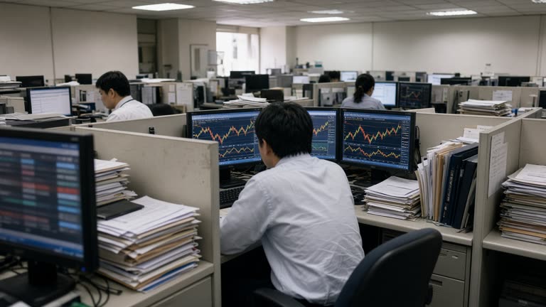 Broker back-office staff at cubicles with multiple monitors showing blurred charts in Taipei, fluorescent office lighting and paper stacks, no logos or readable text on screens