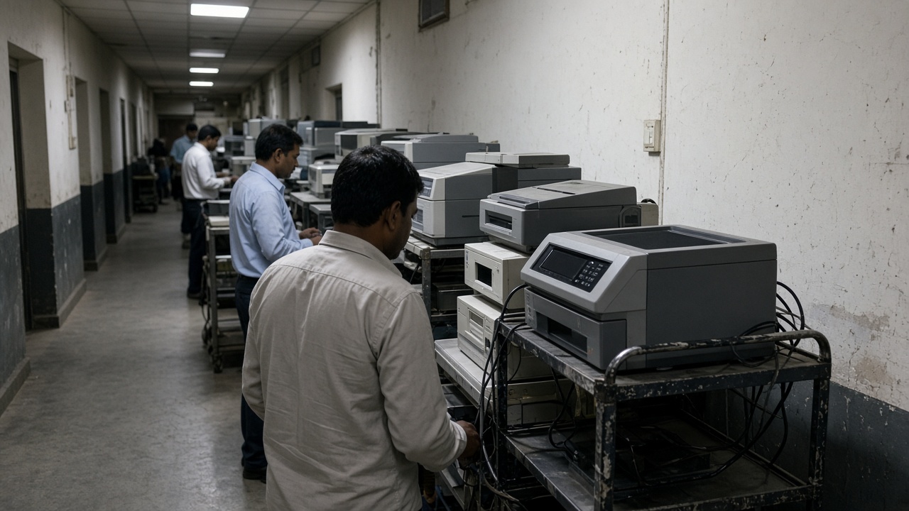 Government office corridor in New Delhi with stacked document scanners and biometric enrollment kits under fluorescent light, technicians in plain shirts, no logos or readable text