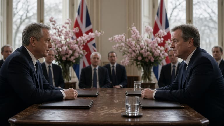 Two leaders at a polished conference table with union flags and cherry blossom arrangements, grey London daylight through tall windows, officials and leather folders blurred in the background, no readable logos or nameplates