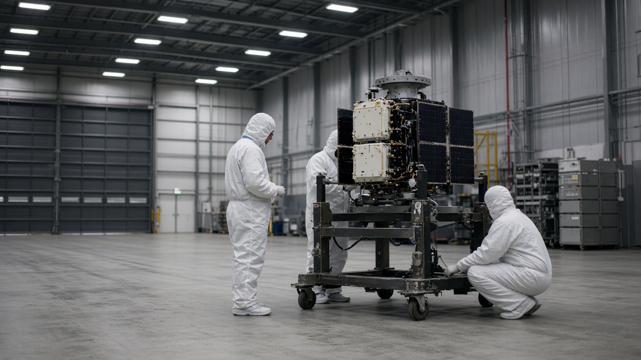 Cornwall coastal spaceport integration hangar with a small satellite on a work stand and technicians in clean-room coveralls under cool fluorescent light, no logos or readable text