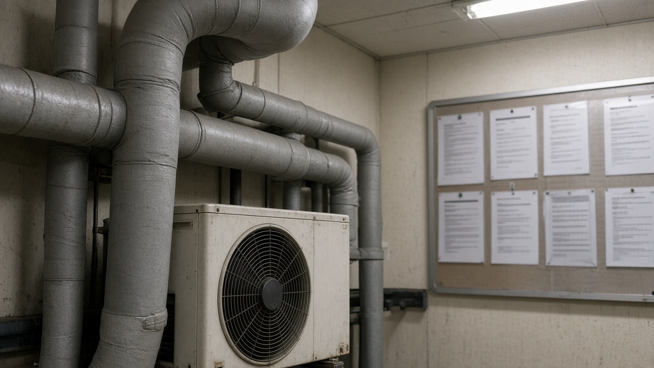 Older Sydney apartment building plant room with insulated pipes and electric heat pump unit, strata noticeboard blurred in background, flat fluorescent light, no readable text or logos