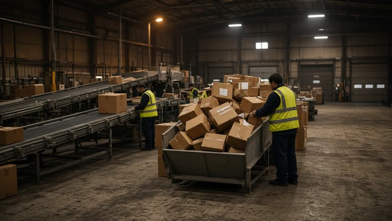 Inside a vast brown-package sort hall with conveyor belts under sodium and fluorescent mix, workers in reflective vests beside a chute stack, scuffed concrete floor, distant bay doors, no logos or readable text